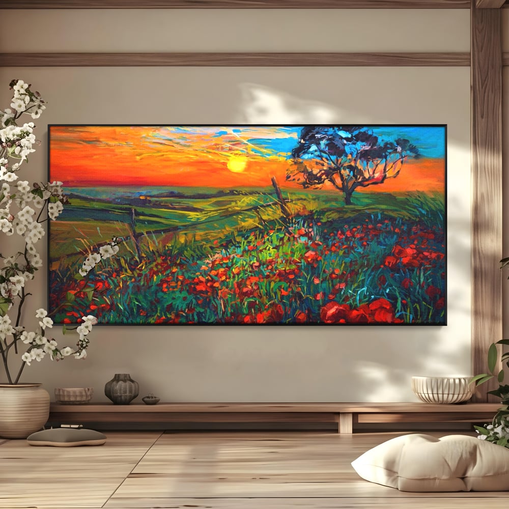 Tablou canvas cu tablou canvas cu maci si apus de soare, in rama de aluminiu negru